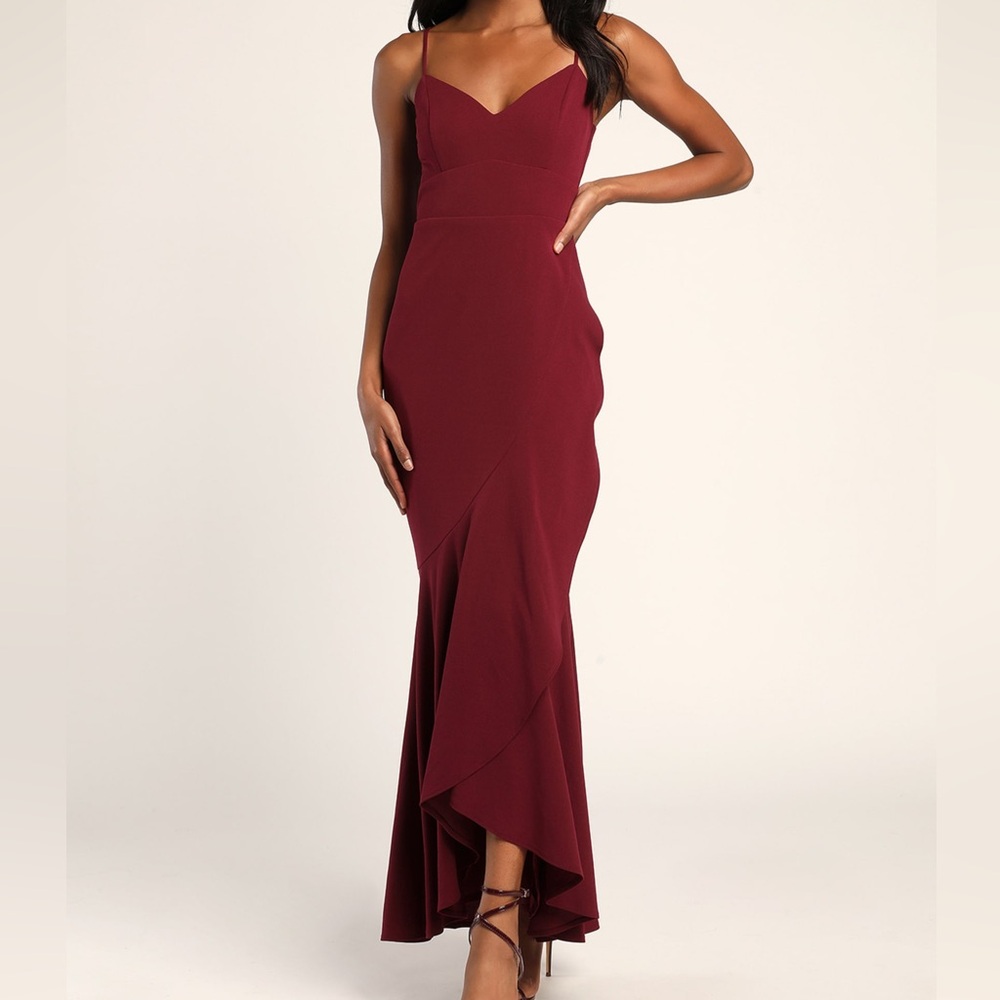 Lulus Sincere Sentiments Burgundy Ruffled Mermaid Maxi Dress - New with tags